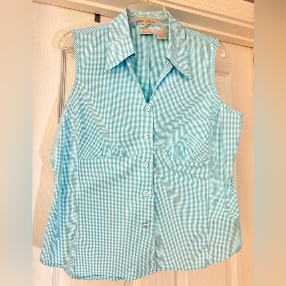 Fiorlini L Gingham Empire Waist Button Down, Sleeveless, Turquoise/White, EUC
